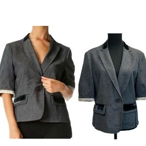 Bcbgmaxazria Blue black velvet trim blazer Sz 10 structured tailored business